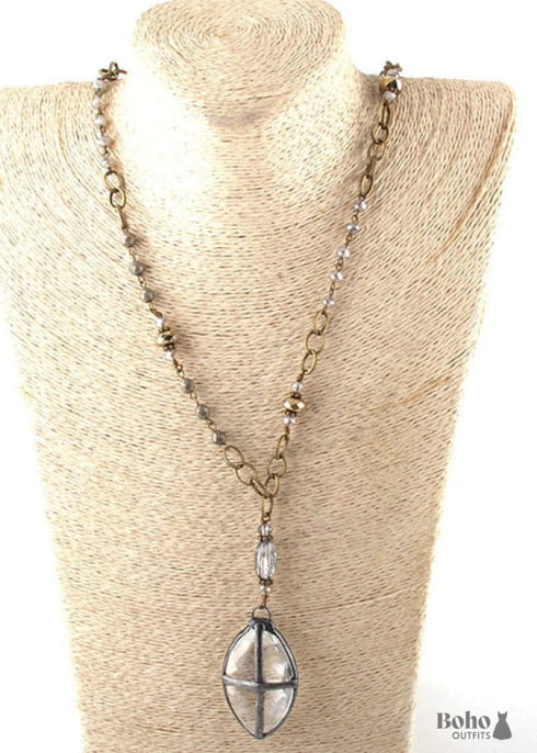 Boho Necklace, RH Antique Brass Silver Stone Glass